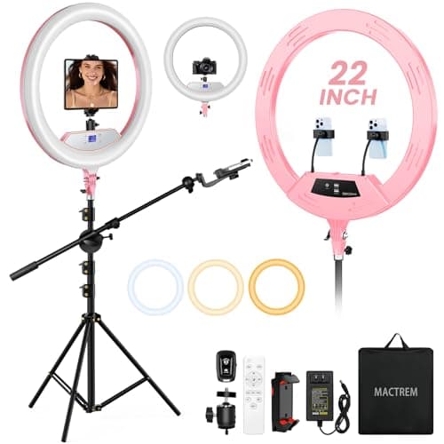 Ring Light with Stand 22inch Kit: Professional Ring Light Overhead Tripod for iPhone ipad, LCD Display/2 USB Ports for Makeup Barber Tattoo Lash Extension Video Photography Lighting (Pink)