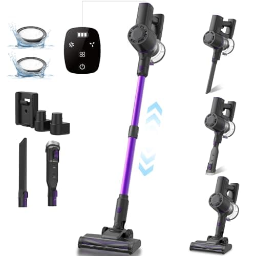 Cordless Vacuum Cleaner, 6-in-1 Lightweight Stick Vacuum, Self-Standing, 35Mins Runtime,2200mAh Rechargeable Battery,LED Screen,Powerful Vacuum Cleaners for Home Hardwood Floor Carpet Pet Hair(Purple)