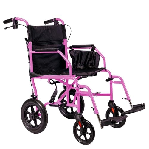 Platinum Health Hummingbird™ Ultra-Lightweight Foldable Transport Wheelchair, Handbrakes,12-Inch Rear Wheels, Extra-Wide Seat. Convenient Table-Length Padded Armrests. (Sunrise Pink)