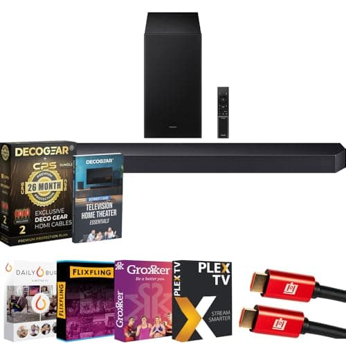 Samsung HW-Q600F 3.1.2ch Soundbar and Subwoofer Bundle with CPS Exclusive 26 Month Protection Pack, Premiere Movies Streaming, 2X HDMI Cable & Deco Gear Complete Home Theater Beginner's Guidebook