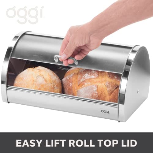 Oggi Stainless Steel Roll Top Bread Box for Kitchen Countertop with Frosted Plexilass Lid - Fits Multiple Loaves of Bread and Other Freshly Baked Goods Including Cookies, Bagels, Muffins 6
