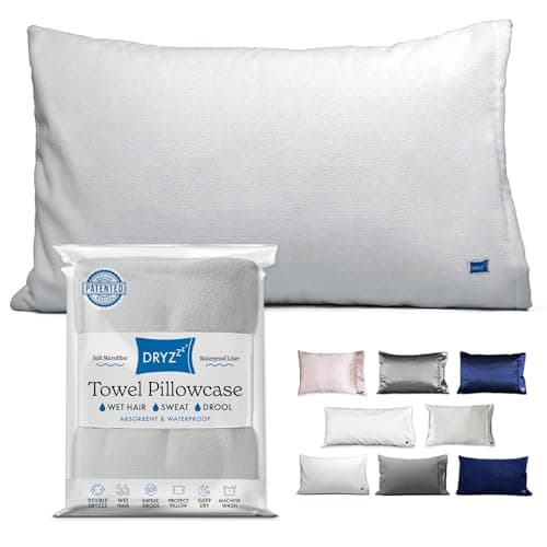 DryZzz The Waterproof Pillow Covers | Double Sided Towel Pillowcase for Wet & Dry Hair | Waterproof Pillow Protector Cooling Case 29"x19" White Standard Size, Hair Drying Sweat Proof Pillowcase, 1pc