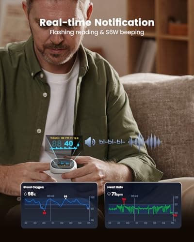 Rechargeable Pulse Oximeter Fingertip, Vibeat S6W Bluetooth O2 Monitor Finger with Real-Time Blood Oxygen Saturation & Heart Rate Tracking, Batteries and Lanyard Included 5