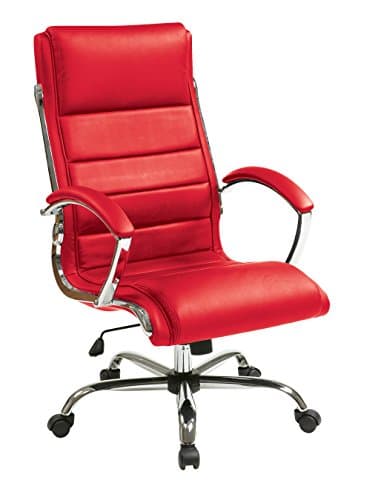 Office Star FL Series Faux Leather Adjustable Executive Office Chair with Padded Arms and Chrome Finish Accents, Red