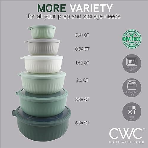COOK WITH COLOR Prep Bowls with Lids- Wide and Deep Nesting Plastic Small Mixing Bowl Set with Lids, 12 Piece Set - Wide Bowls, Sage 5