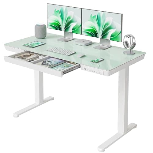 FEZIBO 48 × 24 Electric Standing Desk with Drawers, Whole-Piece Glass Adjustable Height Desk, One-Piece Quick Install Adjustable Sit Stand Desk, White