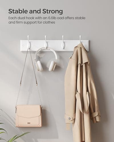 SONGMICS Wall-Mounted Coat Rack, Hook Rack, 4 Dual Metal Hooks, for Coats, Bags, Keys, in the Entryway, Bedroom, Living Room, White ULHR23WT 4