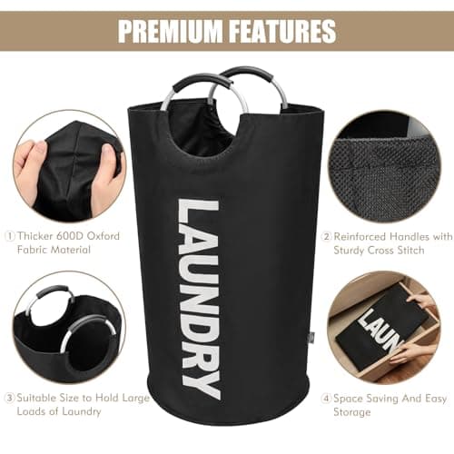 DOKEHOM 90L Large Laundry Basket, Collapsible Laundry Bag, Freestanding Tall Clothes Hamper, Foldable Washing Bin (Black) 7