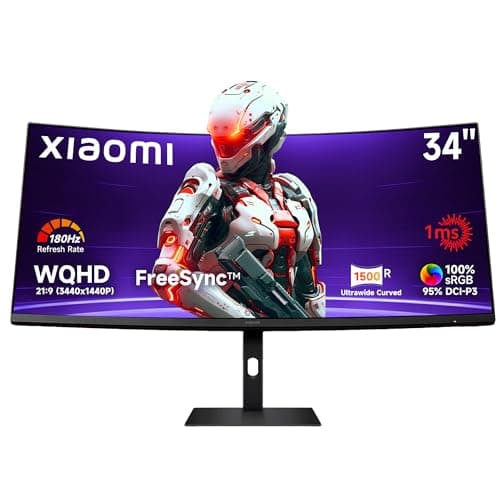 XIAOMI 34 inch Curved Gaming Monitor, 180HZ 1ms 1500R WQHD 2K 100% sRGB Desktop LCD Computer Screen PC Vertical HDMI Computer Monitors Ultrawide FreeSync Premium with DisplayPort Adjustable Stand