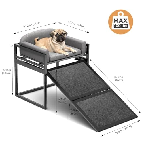 Clioran Non Slip Dog Ramp with Seat,Extra Wide Seat Mate Doggie Stairs,Metal Frame Puppy Chair for High Bed Couch Office,Dachshunds Ladder,Washable Cushion Pet Step for Small Old Pets,Cat Ladder Grey 8