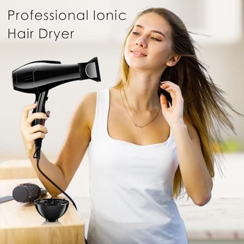 Hair Dryer, 3500 Watt Professional Salon Ionic Blow Dryer with AC Motor, 3 Heat Settings, 2 Speeds, Cool Shot Button, Tourmaline Ceramic, Concentrator & Diffuser Attachments, Black,110V 6
