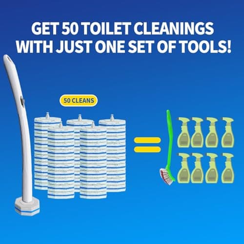 Disposable Toilet Brush Cleaning System with 50pcs Refills Pads Replacement Heads, Toilet Cleaning Stick, Wall Mounted Toliet Wand Kit Bathroom Maintenance, Toilet Bowl Cleaner Wands Holder and Set 5