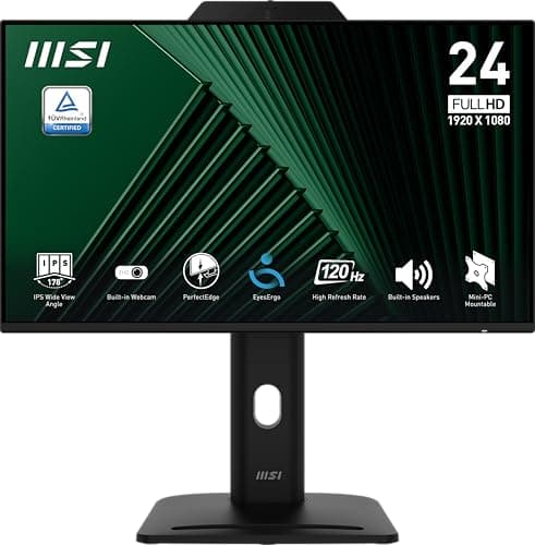 MSI PRO MP242PMG, 24-inch IPS 1920 x 1080 (FHD) Computer Monitor, 120Hz, Webcam, Adaptive-Synch, EPEAT Silver, HDMI, DisplayPort, VGA Port, VESA Mountable, Tilt, Height Adjustable, Speaker, 1ms, Black