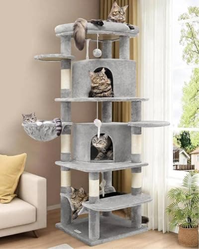 Globlazer Corner Cat Tree for Large Cats, 66inch Tall Curved Series Large Cat Tower for Multiple Indoor Cats with 6 Scratching Posts, 2 Spacious Cat Condos, Hammock, Hanging Basket, C66, Light Grey