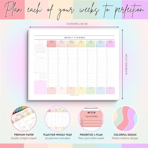 Weekly Hourly Planner Notepad, Daily Planner Desk Pad, Weekly Schedule, To Do List Note Pad, ADHD Planner | 50 Undated Tear Away Sheets | A4 (Rainbow) 3