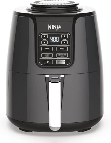 Ninja Air Fryer, 1550-Watt Programmable Base for Air Frying, Roasting, Reheating & Dehydrating with 4-Quart Ceramic Coated Basket (AF101), Black/Gray (Renewed)