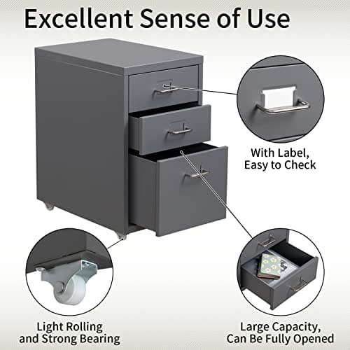 HollyHOME 3-Drawer Mobile Classification Storage Cabinet, Under Desk for A4 Mini File Cabinet, Mobile File Cabinet with Wheels for Home and Office, Grey 5