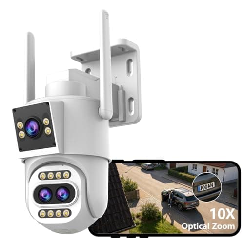 JOOAN Outdoor Security Camera 2Kx3 3Lens 2 Screen【10X Optical Zoom & Auto Tracking】 Home Surveillance IP Cam 360°PTZ 2.4G WiFi Wired IP66 Waterproof Motion Alert,8-256G Card/Cloud Storage,Siren Alarm