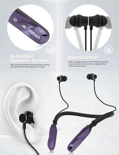 TERUBIN Neckband Bluetooth Headphones, 120H Long Playtime Wireless Stereo Neckband Earbuds with Microphone, Waterproof Around The Neck Headphones in Ear Headset for Sports/Workout/Office (Purple) 6