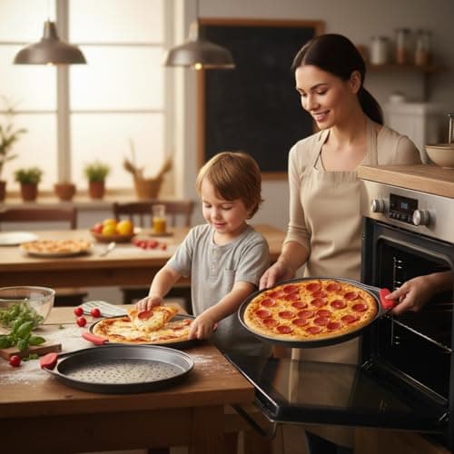 NutriChef 3-Piece Pizza Tray Set with Silicone Handles - Round Nonstick Pizza Pan with Perforated Holes, Durable Carbon Steel, Small, Medium, Large Sizes - Ideal for Crispy, Evenly Baked Pizzas (Gray) 5