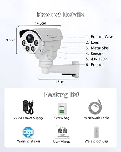 Jennov POE Camera Outdoor 5MP(2592x1944) HD IP PTZ Security Camera with 5X Optical Zoom, 260° Pan-Tilt View, 68ft NightVision, Human Detection, Mic/Audio, IP66 Weatherproof, Videolink APP 9