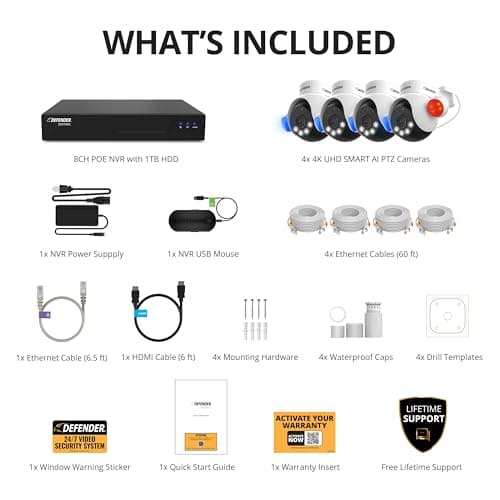 Defender AI Powered Sentinel 4K Wired Security Camera System, 360° PTZ Security Camera System with AI Tracking, Smart Human Detection, Blue-Red Light Deterrence, and Color Night Vision | 4 Cameras 1TB 8