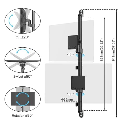17-57" Dual Monitor Wall Mount, Vertical Monitor Stand for Heavy Duty Monitor, up to 59.4 lbs per Screen, 108mm Ultra Slim to Wall, VESA 75/100, Premium Gas Spring& Quick Release 5