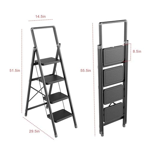 4 Step Ladder, Folding Step Stool with Wide Anti-Slip Pedal, Sturdy Steel Ladder, Convenient Handgrip, Lightweight, Portable Steel Step Stool, Black 6