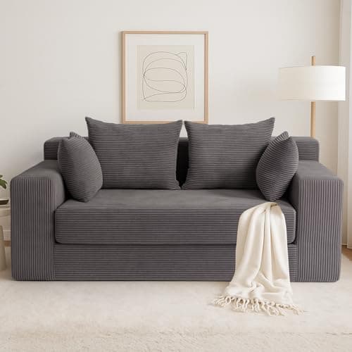 cidludto Convertible Sofa Bed, 3 in 1 Loveseat Folding Couch Bed Foldable - Boneless Couch & Floor Futon Sleeper, Corduroy Pull Out Sofa Bed with 4 Pillows for Living Room, Grey
