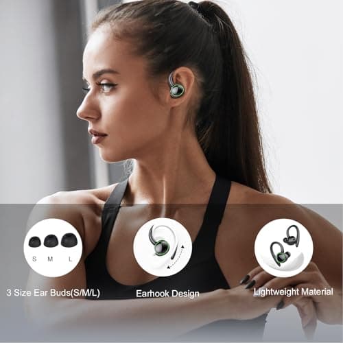 Wireless Earbuds, Bluetooth 5.3 Headphones Sport, Over Ear Buds With ENC Noise Cancelling Mic, 48H, Wireless Earphone With Earhooks, Stereo Deep Bass, IP7 Waterproof Headset for Workout Running, Black 6