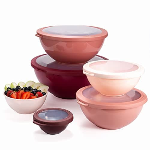 COOK WITH COLOR Mixing Bowls with Lids - 12 Piece Plastic Nesting Bowls Set includes 6 Prep Bowls and 6 Lids, Microwave Safe Mixing Bowl Set, Rose TPR Lid 9