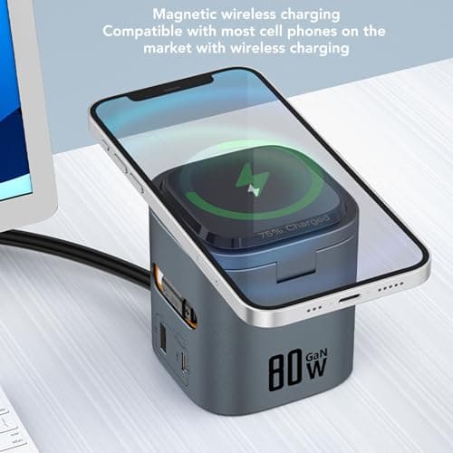 Sanpyl 6 in 1 Wireless Charging Station, GaN 80W Wireless Charging Cube with Retractable Cord Support Smartphones Headphones Charging (US Plug) 5