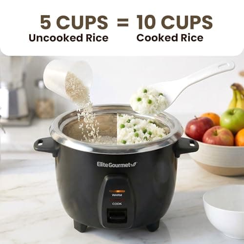 Elite Gourmet ERC2010B Electric Rice Cooker with Stainless Steel Inner Pot Makes Soups, Stews, Porridge's, Grains and Cereals, 10 cups cooked (5 Cups uncooked), Black 5