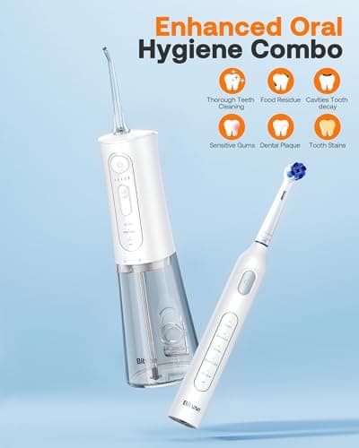 Bitvae Water Dental Flosser Teeth Picks, Cordless Water Flosser for Teeth, Braces, Dental Care and Rechargeable Rotary Electric Toothbrush Combo Set, 4 Tips, 4 Brush Heads, Waterproof, White, C5+R1 5