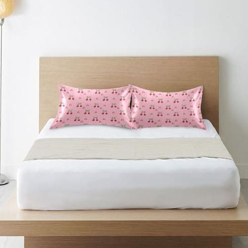 VEKELEE Cute Cherries and Bows Satin Pillowcase for Hair and Skin with Envelope Closure Breathable Wrinkle-Free and Cooling Satin Pillow Covers, Queen Size 20x30 in 8