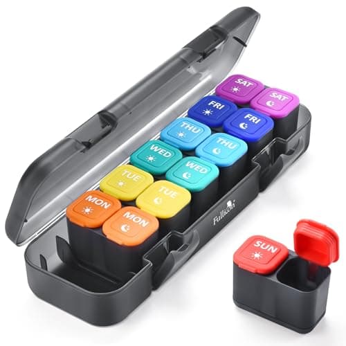 Fullicon Moisture-Proof Pill Organizer 2 Times a Day, Weekly Pill Boxes & Organiser with Silicone Lids, Large Capacity AM PM Pill Organizer 7 Day, Travel Pill Case for Vitamins (Black Rainbow)