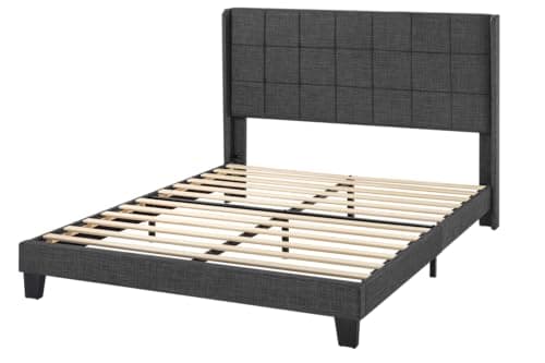 Allewie Queen Size Platform Bed Frame with Wingback, Fabric Upholstered Square Stitched Headboard and Wooden Slats, Mattress Foundation, Box Spring Optional, Easy Assembly, Dark Grey 8