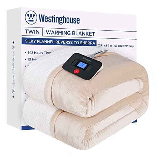 Westinghouse Electric Blanket Twin, Heated Blanket Twin Size with 10 Heating Levels and 1 to 12 Hours Heating Time Settings, Flannel to Sherpa Reversible, Machine Washable (62" x 84", Beige)