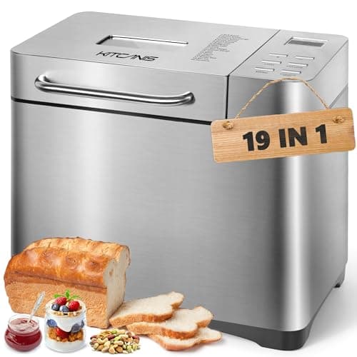 Bread Maker Machine KITCANIS, 2.2LB Stainless Steel Bread Machine, 15H Timer&1H Keep Warm, Sourdough, Gluten-Free, Dough Maker, Bread Making Machine with Nonstick Pan, Recipes, 650W