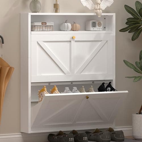 STEELIST Metal Shoe Cabinet with 2 Flip Drawers, White Freestanding Shoe Cabinet Organizer with Open Storage, Slim Narrow Shoe Organizer Cabinet for Entryway, Slim Entryway Storage Solution