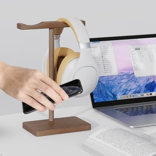 ForTidy Headphone Stand Wood for Desk with Wireless Charger Gaming Headset Stand Holds Dual Universal VR Headset and Smart Watch,Support 15W Fast Charging, Type-C Cord Included (Brown Walnut) 3