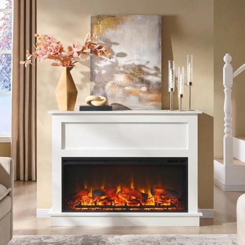 Andehomy 51" Farmhouse Electric Fireplace TV Stand with Mantel, 42" Insert Electric Fireplace Heater with Remote Control, Adjustable 3D Flame Effect, White 8