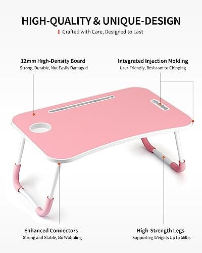 FISYOD Foldable Laptop Table, Portable Lap Desk Bed Table Tray, Laptop Stand with Cup Holder & Tablet Slot & Lifting Handle for Working Writing Drawing & Eating (Pink) 5