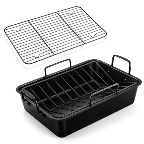 TeamFar Roasting Pan, 16’’ Nonstick Deep Lasagna Brownie Turkey Pan with V-Shaped Rack & Cooling Rack, with Stainless Steel Core & Nonstick Coating, Healthy & Sturdy Handles, Easy to Clean, Set of 3