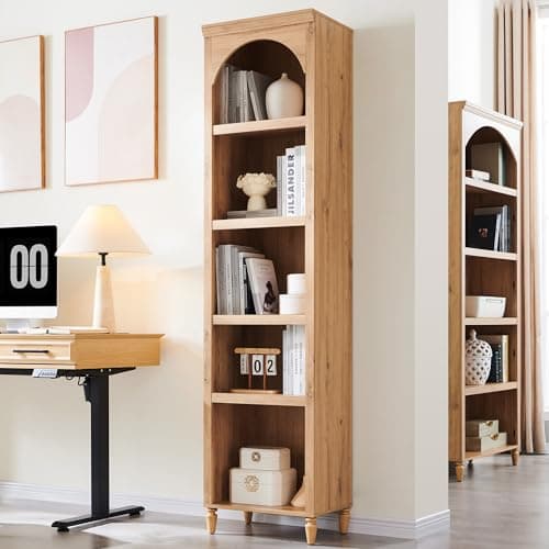 IFGET 76" Tall Arched Bookcase, Farmhouse 5 Tiers Narrow Arched Bookshelf Cabinet with Adjustable Shelves, Modern Wooden Book Shelf w/Storage and Open Display Shelves for Living Room, Office-Natural