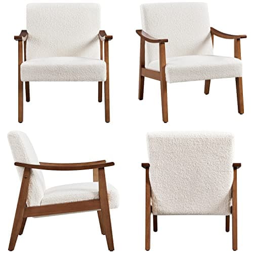 Yaheetech Fabric Accent Chair, Mid-Century Modern Armchair with Solid Wood Legs, Reading Leisure Chair with High Back for Living Room Bedroom Waiting Room,Ivory 9