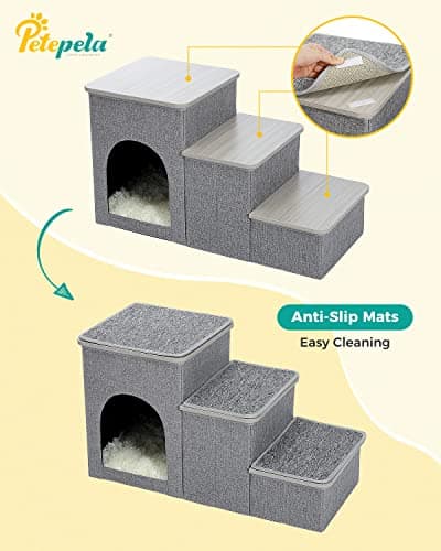 PETEPELA Cat Dog Stairs for Bed, Pet Steps for Small Dogs and Cats, Portable Heavy-Loaded [Up to 120 lbs] Dog Steps with Storage Box 3-Step to Couch, Doggie Car Ramp for Older Dogs 5