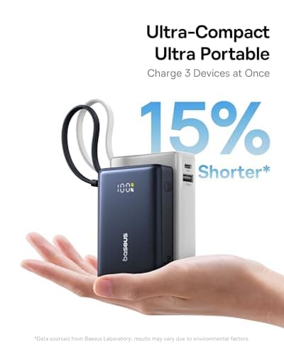 Baseus Power Bank, Picogo 10000mAh 45W 3-Output Portable Charger with Built-in USB-C Cable, PPS/PD QC Fast Charging External Battery Pack for iPhone 17/16/15/14/13, Samsung S25/S24, MacBook Pro, iPad 6
