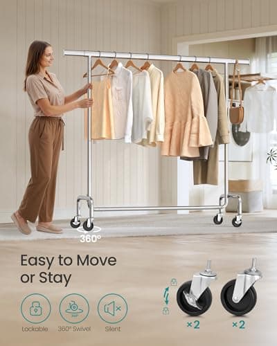 SONGMICS Clothes Rack with Wheels, Heavy-Duty Garment Rack with Extendable Hanging Rod, 286.6 lb Load Capacity, 17.7 x (43.3-59.1) x 64.1 Inches, Chrome-Plated, Silver UHSR11S 5