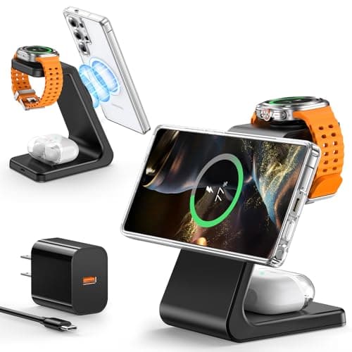 Magnetic Wireless Charger for Samsung, 3 in 1 Mag-Safe Charging Station for Galaxy Watch Ultra/8/7/6, Galaxy Watch Charger, Mag-Safe Charger for S25 Ultra S24 S23 S22/ Z Fold7/ Flip7, Black